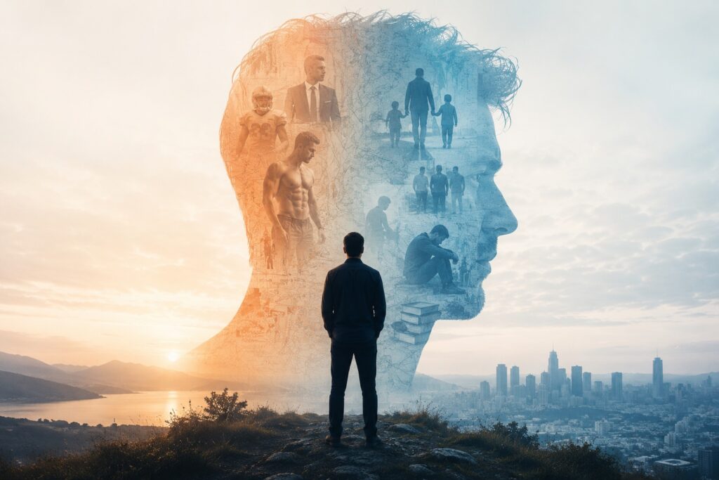 Man facing a skyline with the figurative head of a man floating in the center with images of all different stages of manhood
