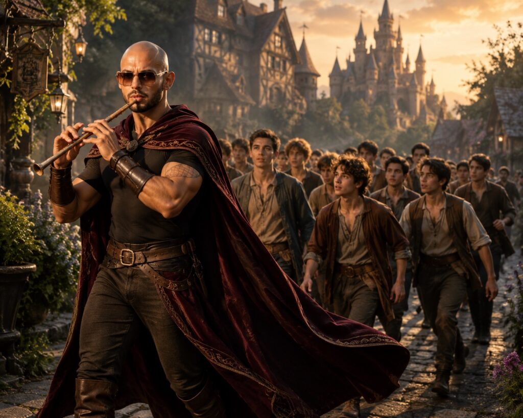 AI Generated image of a modern manosphere influencer dressed like the pied piper leading young men in the medieval ages