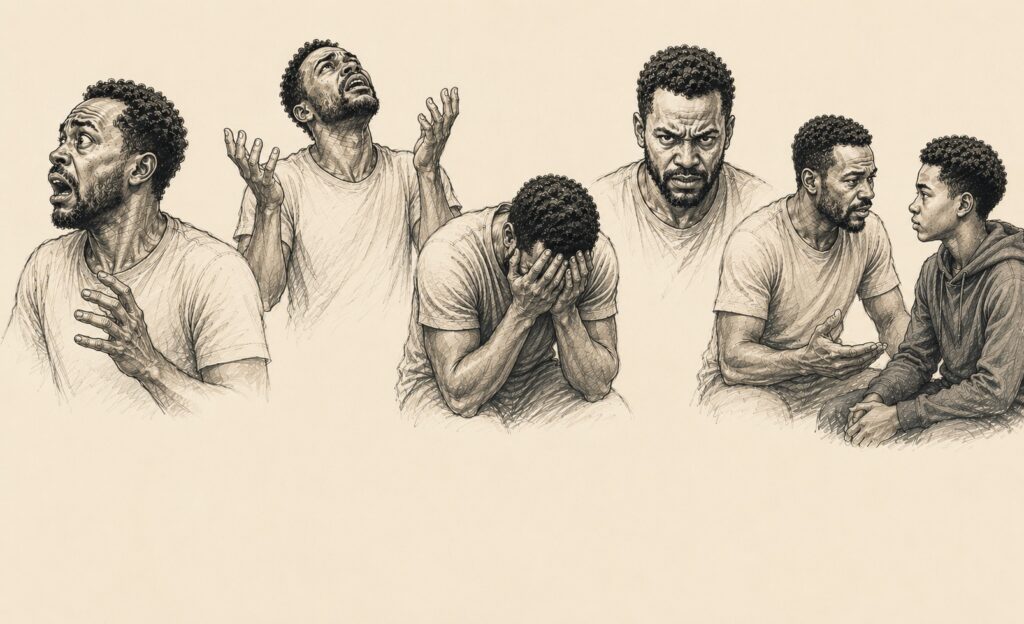 A sepia pencil drawing of a black man going through a range of emotions teaching his son.