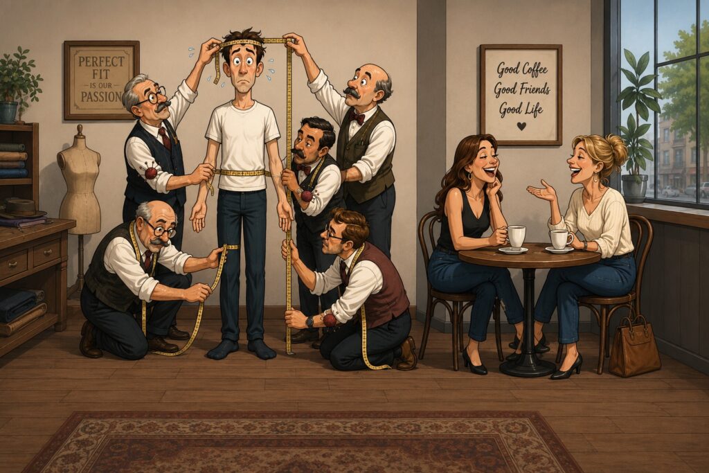 A computer-generated cartoon of a young man being measured every which way while two woman at a table having coffee smiling and laughing.