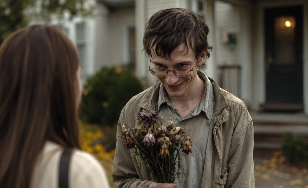 A disheveled, dorky man trying to present dead flowers to a woman.