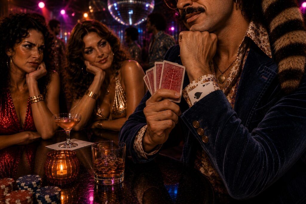 Image of a man with a hand of cards being sly with a card hidden in this shirt in front of two woman at a bar